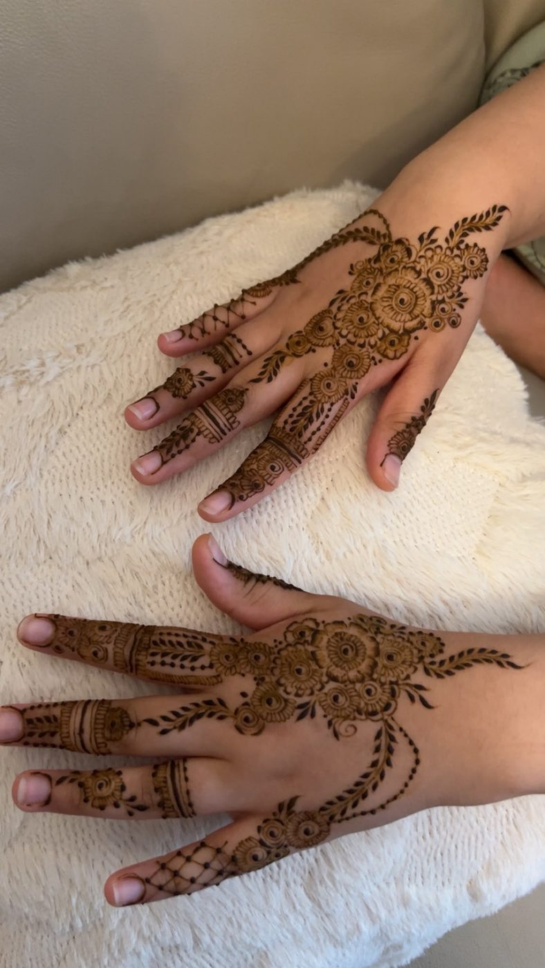 Ornate floral henna coverage on two hands